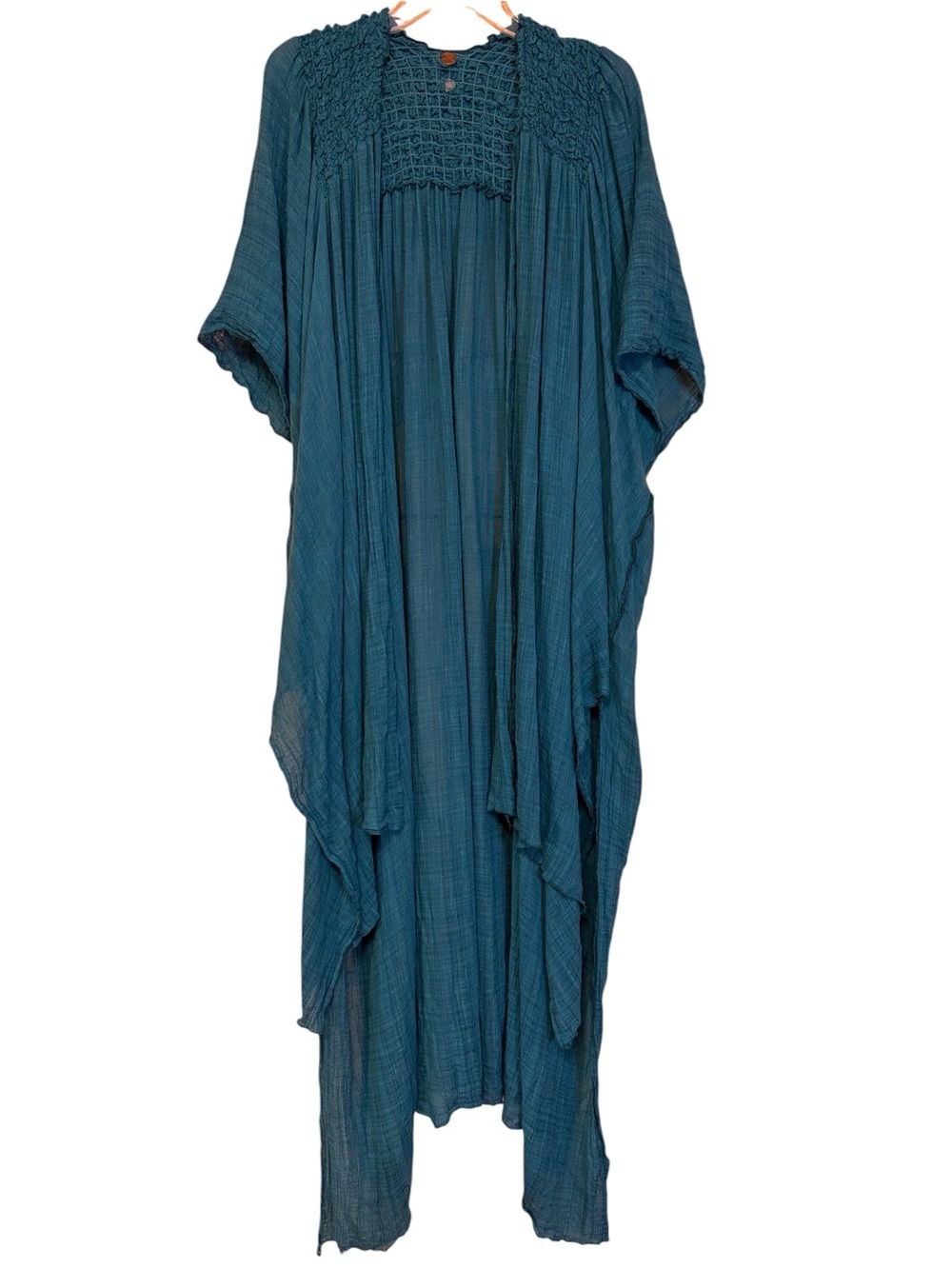 FP One Smocked Gauze Maxi Kimono Duster Teal Boho One Size XS/S